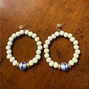 White Beaded Hoop Earrings with Blue Accent Bead
